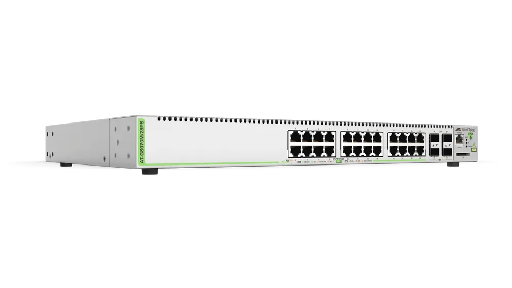 ALLIED TELESIS AT-GS970M/28PS-10 L2+ Managed 24X10/100/1000Mbps 4X SFP AC Power Supply US Cord