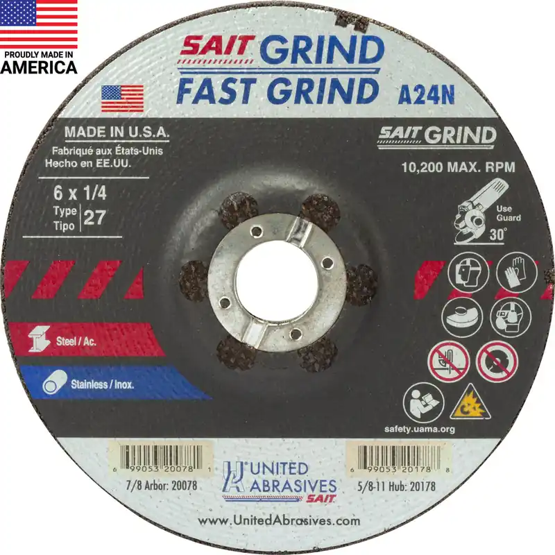 United Abrasives Sait 20078 6 x 1/4 7/8 Metal Grinding Disc