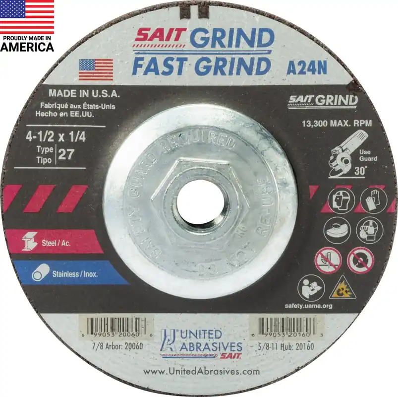 United Abrasives Sait 20160 Metal Grinding Wheel 4-1/2 x 1/4 5/8-11