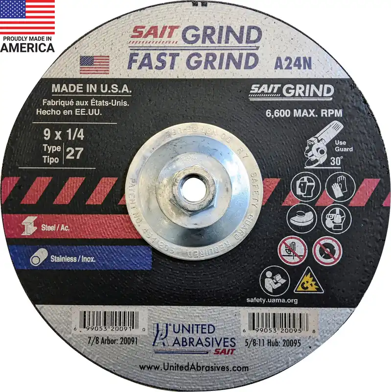 United Abrasives SAIT 20095 Metal Grinding Wheel 9 x 1/4 5/8-11