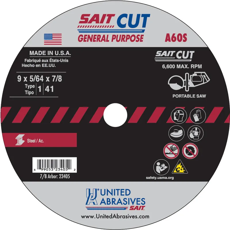 United Abrasives SAIT 23405 9 x 5/64 x 7/8 A60S Type 1 Cutting Disk