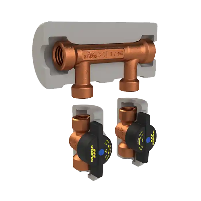 Kemper 6510602000 Flow-splitter 3/4 main x 3/4 loop; FPT with 1/4 turn stop valves