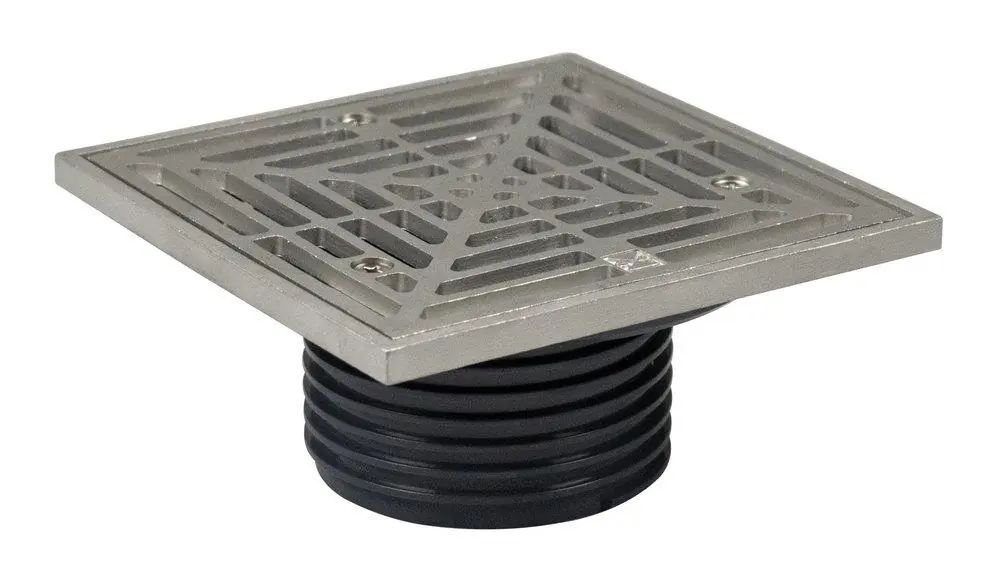 Sioux Chief 832-3HSQ FinishLine 3 in. Hub PVC Floor Drain Fixture with 5-7/8 in. Square 304 Stainless Steel Grate and Ring and Strainer