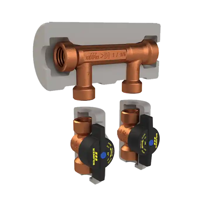 Kemper 6510601500 Flow-Splitter 1/2 main x 1/2 loop FPT with 1/4 turn stop valves