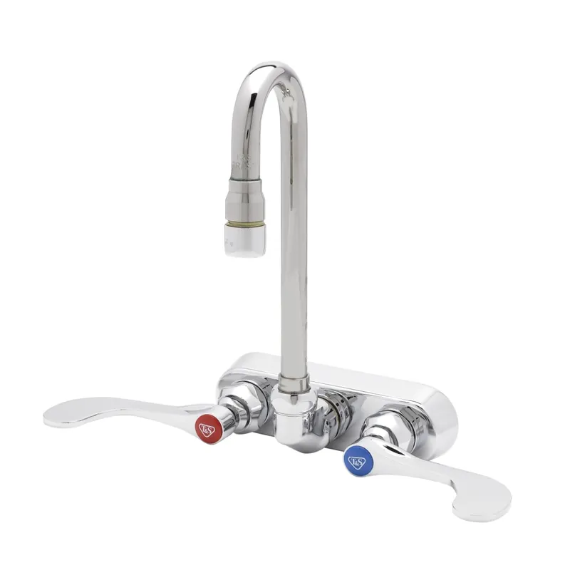 T&S Brass B-2459 4 Wall Mount Faucet Quarter-Turn 4 Wrist Handles Swivel Gooseneck 1.0 GPM Aerator