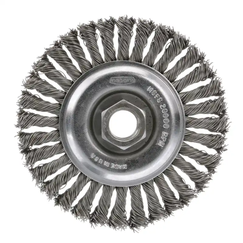Osborn 26206 Wheel Brush, 3 in Dia Brush, 3/8 in W Face, 0.014 in Dia Standard/Twist Knot Filament/Wire, 3/8 in Arbor Hole
