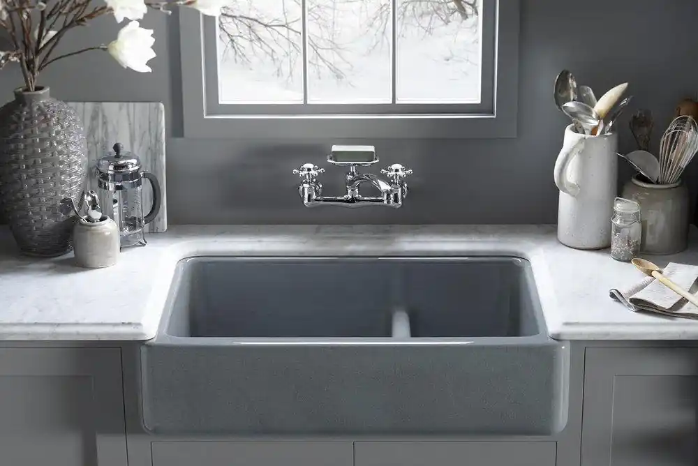 KOHLER 6426-0 Whitehaven 35-1/2 x 21-9/16 in. Cast Iron Double Bowl Farmhouse Kitchen Sink with Smart Divide