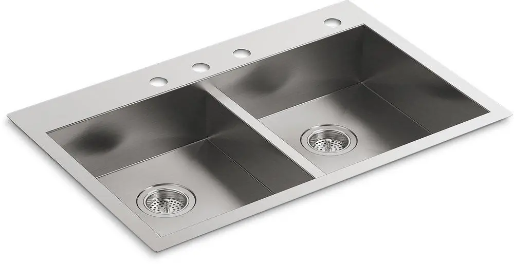 Kohler 3996-4-NA Vault 33 x 22 in. 4 Hole Stainless Steel Double Bowl Dual Mount Kitchen Sink