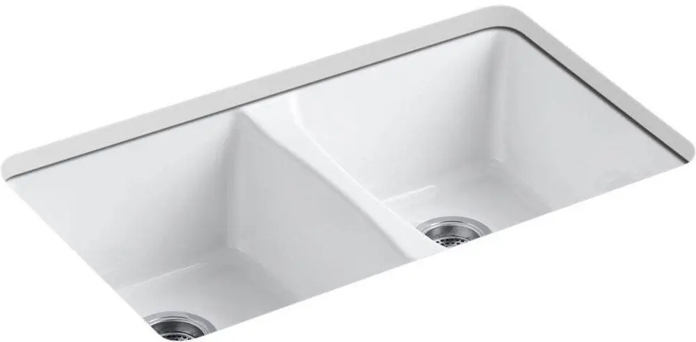 Kohler 5873-5U-0 Deerfield 33 x 22 in. 5 Hole Cast Iron Double Bowl Undermount Kitchen Sink