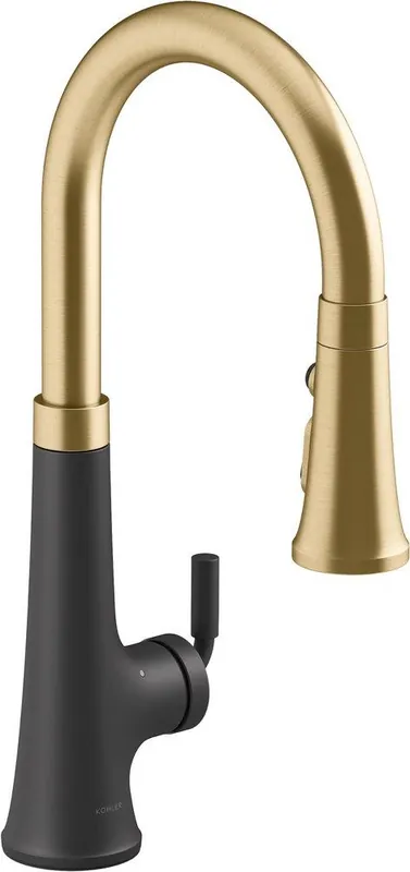 Kohler 23766-BMB Tone Single Handle Pull Down Touchless Kitchen Faucet in Matte Black/Modern Brass