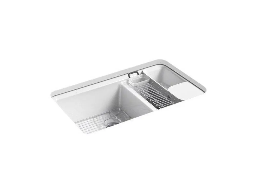 Kohler 8669-5UA3-0 Riverby 33 x 22 in. 5 Hole Cast Iron Double Bowl Undermount Kitchen Sink