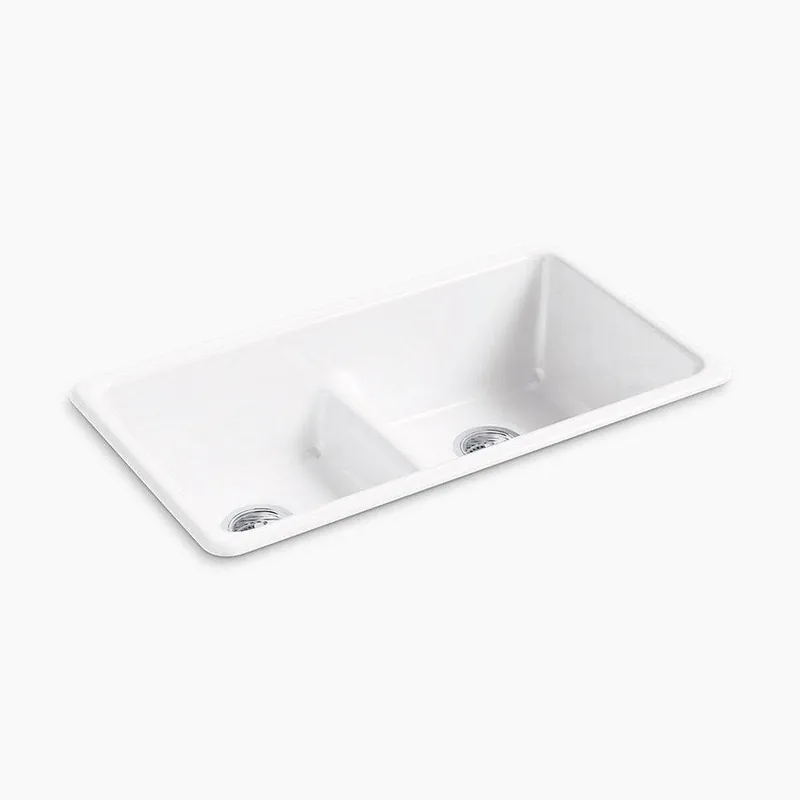 Kohler 5312-0 Iron/Tones 33 x 18-3/4 in. No Hole Cast Iron Double Bowl Dual Mount Kitchen Sink in White