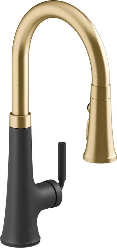 Kohler 23764-BMB Tone Single Handle Pull Down Kitchen Faucet in Matte Black with Modern Brass