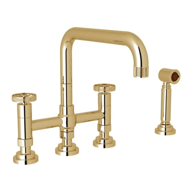 Rohl A3358IWWSULB-2 Campo Bridge Kitchen Faucet With Side Spray in Unlacquered Brass