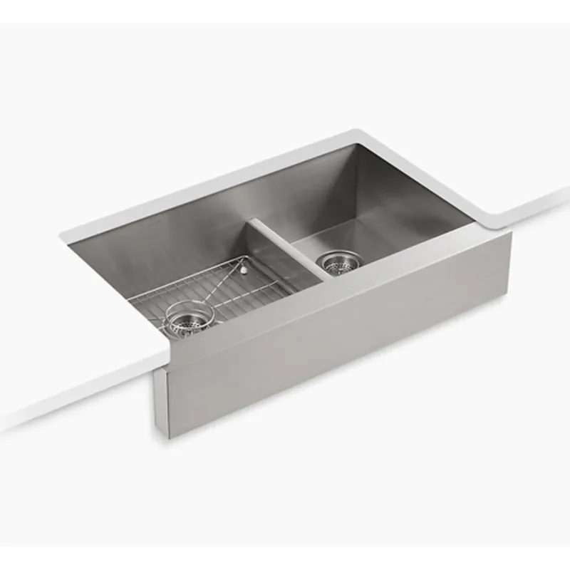 KOHLER 3945-NA Vault 35-1/2 x 21-1/4 in. Stainless Steel Double Bowl Farmhouse Kitchen Sink with Smart Divide and Sound Dampening - Sink Rack Included
