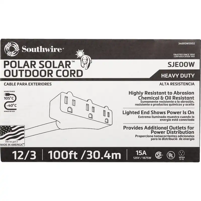 Coleman Cable 3489SW0002 Polar Solar 100 Ft 12/3 Cold Weather 3-Outlet Extension Cord