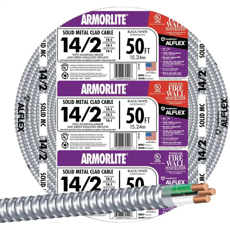 Southwire 68579252 50 Ft. 14/2 MC Armored Cable Electrical Wire