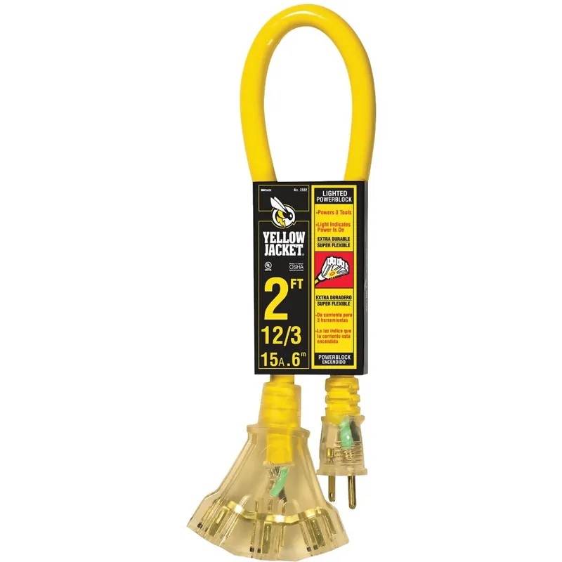 Yellow Jacket 2882 Power Block Extension Cord 12/3 Contractor Grade 2 Ft