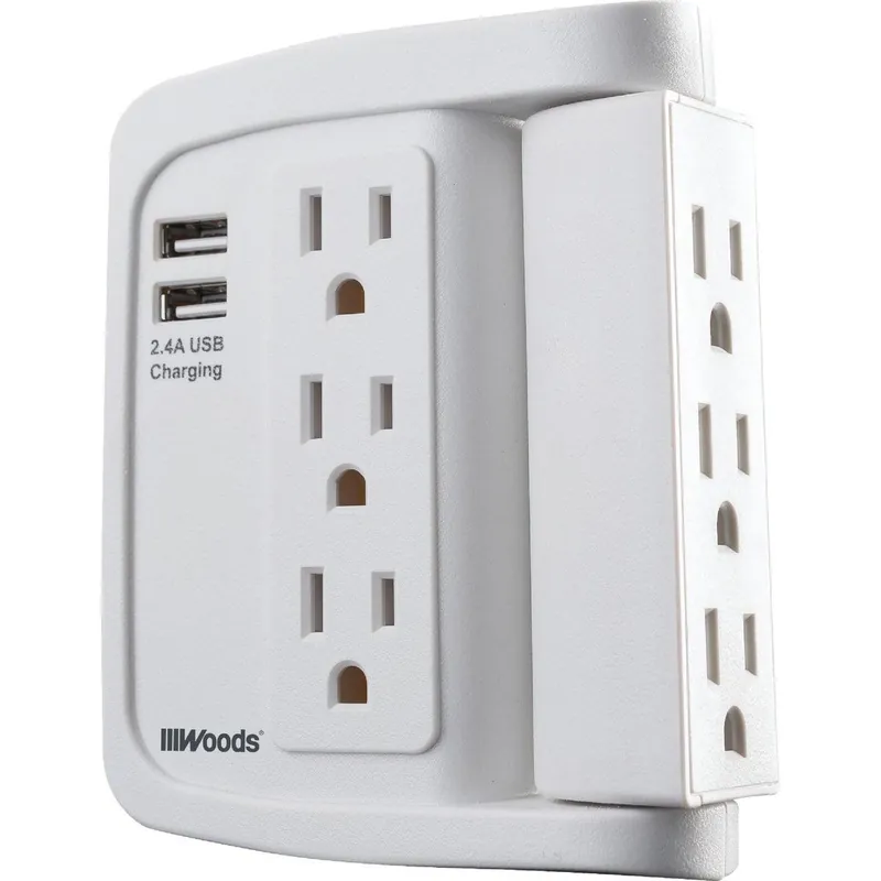 Woods 41424 2-USB/6-Standard Outlet 2.4A/15A White Swivel Surge Tap