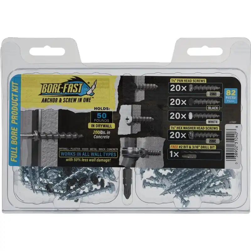 HILLMAN 377637 Bore-Fast Pan & Hex Washer Head Anchor & Screw in One Kit (82-Piece)