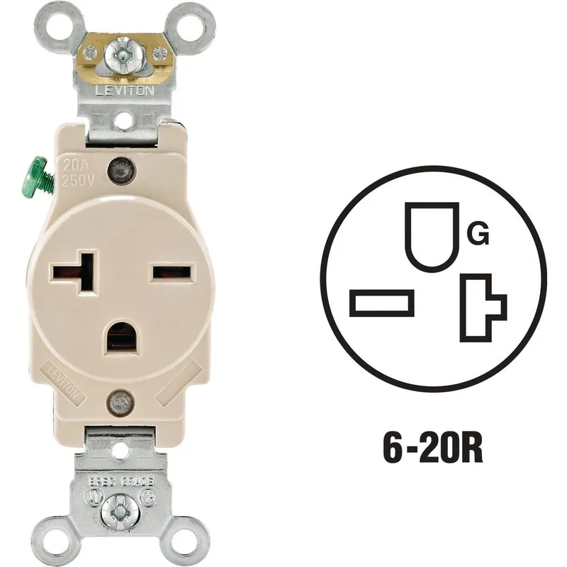 Leviton 076-05461-00T 20A Light Almond Heavy-Duty 6-20R Grounding Single Outlet