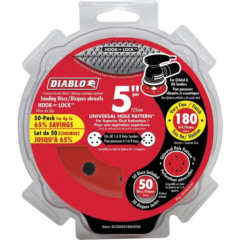 Diablo DCD050180H50G 5 In. 180-Grit Universal 5-Hole Hook and Lock Vented Sanding Disc (50-Pack)