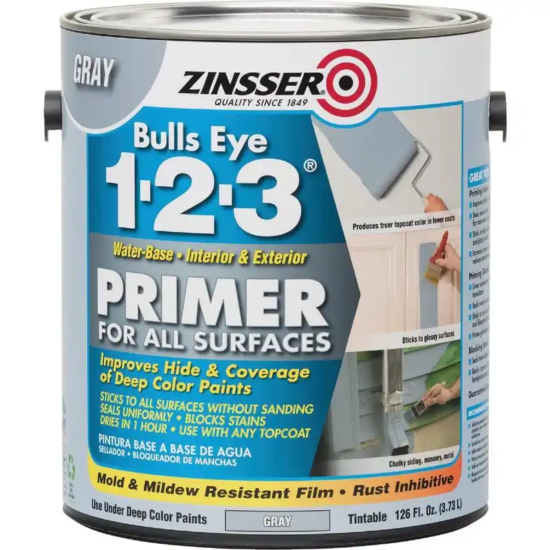 Zinsser 285085 Bulls Eye 1-2-3 Water-Base Interior/Exterior Stain Blocking Primer Gray 1 Gal.