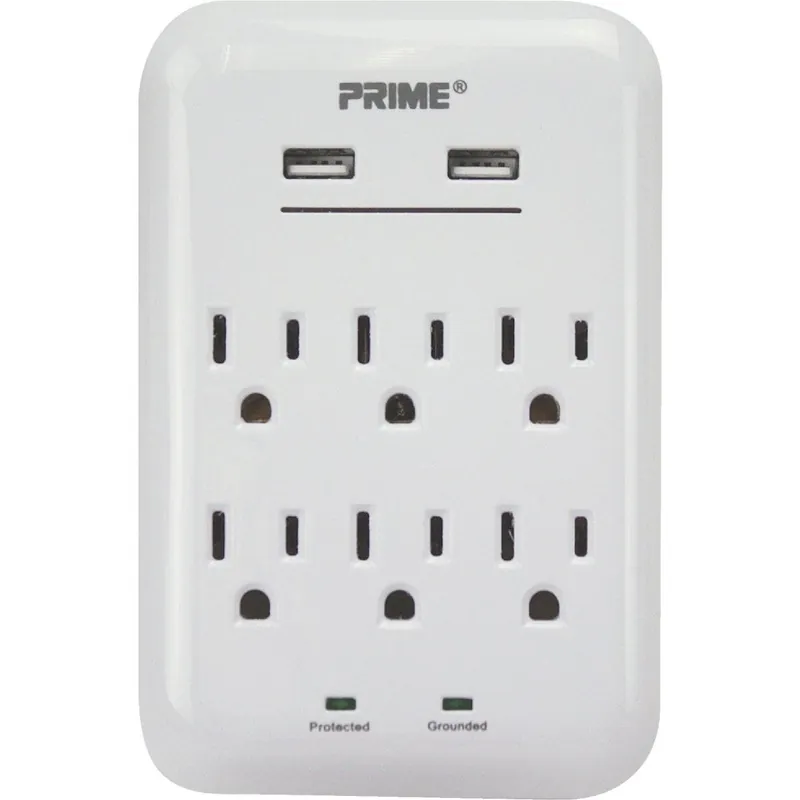 Prime Wire PBUSB346S White Wall Charger with 6 Power and 2 USB Ports