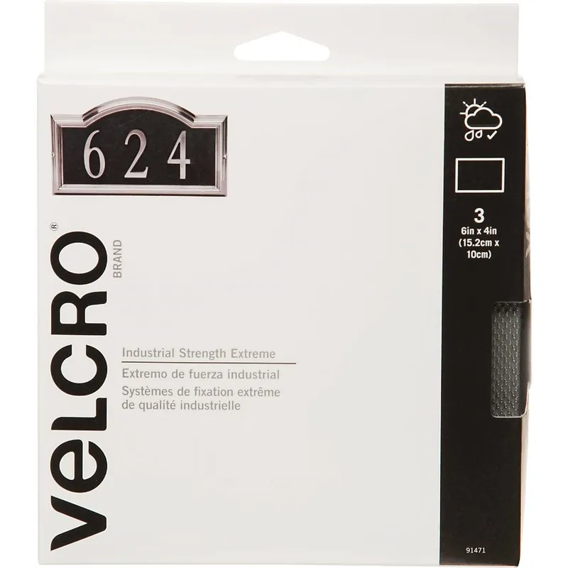 Velcro 91471 Industrial Strength Extreme Black Adhesive Hook & Loop Strip 4 In. x 6 In. (3 Ct.)