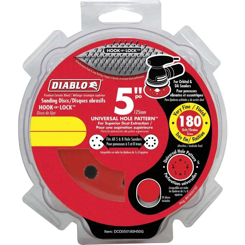 Diablo DCD050180H04G 5 In. 180-Grit Universal 5-Hole Hook and Lock Vented Sanding Disc (4-Pack)