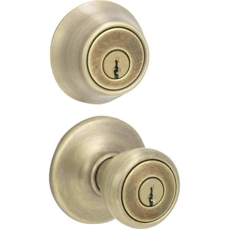 Kwikset 695T5CPCODEK6 Antique Brass Deadbolt and Door Knob Combo