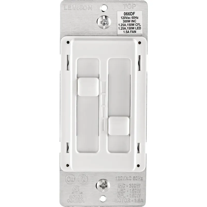 Leviton R02-066DF-00W Decora SureSlide Fan & Incandescent/LED/CFL Light White Slide Dimmer Switch