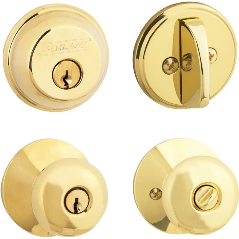 Schlage FB50NVPLY505 Bright Brass Single Cylinder Deadbolt and Plymouth Keyed Entry Knob