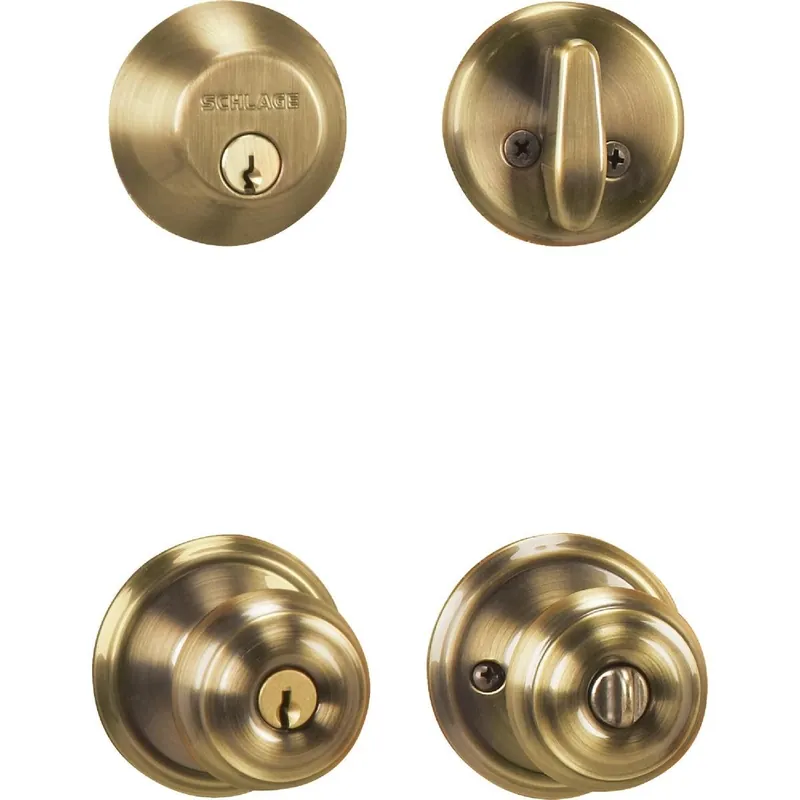 Schlage FB50NVGEO609 Antique Brass Deadbolt and Door Knob Combo