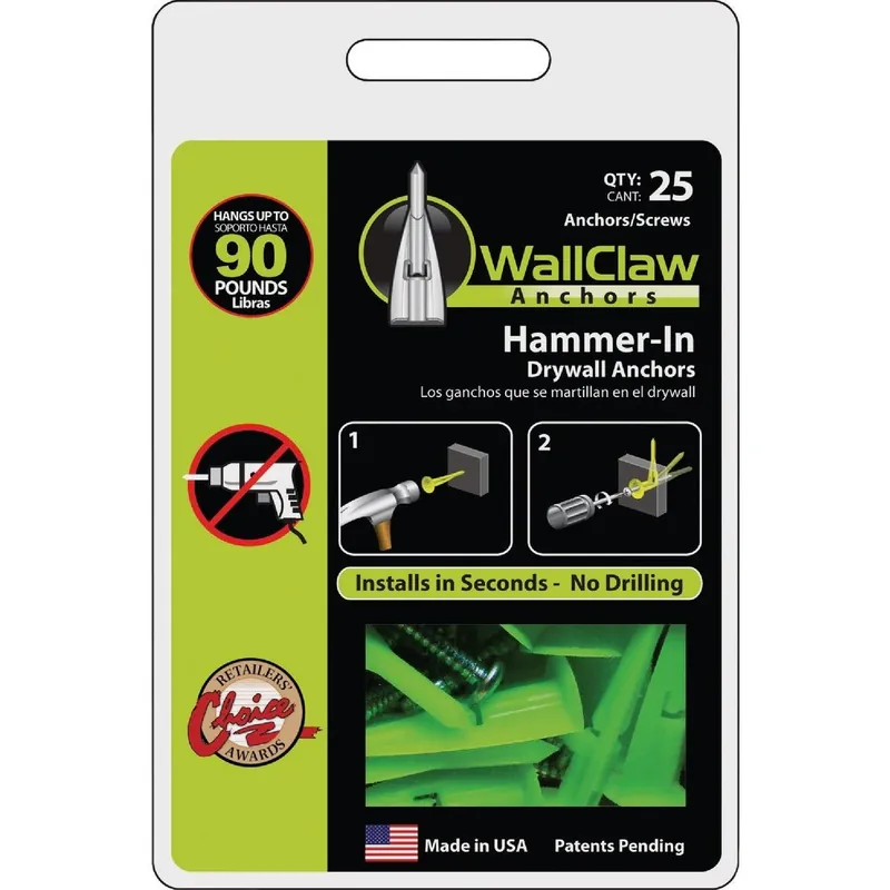 WallClaw Anchors PCK-WC25-YS WallClaw Anchor #8 Thread x 1-1/4 In. Green Drywall Plastic Anchor (25 Ct.)