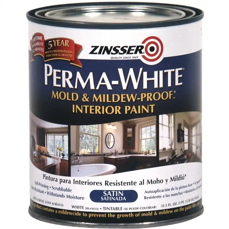 Zinsser 2704 Perma-White White-Tintable Satin Quart Mildew Paint