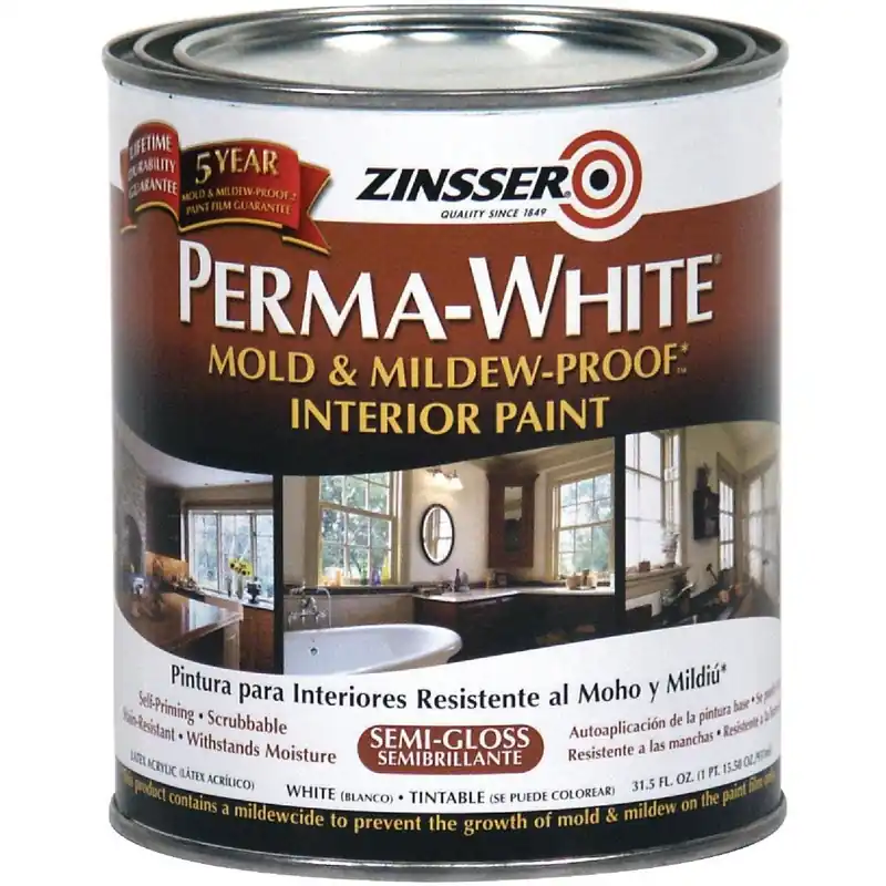 Zinsser 2754 Perma-White White-Tintable Semi-Gloss Quart Mildew Paint