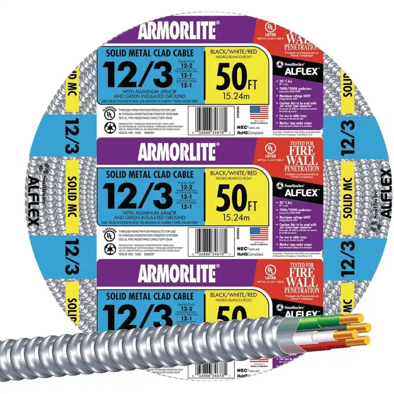 Southwire 68583422 50 Ft. 12/3 MC Armored Cable Electrical Wire