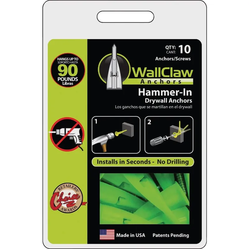 WallClaw Anchors PCK-WC10-YS WallClaw Anchor #8 Thread x 1-1/4 In. Green Drywall Plastic Anchor (10 Ct.)
