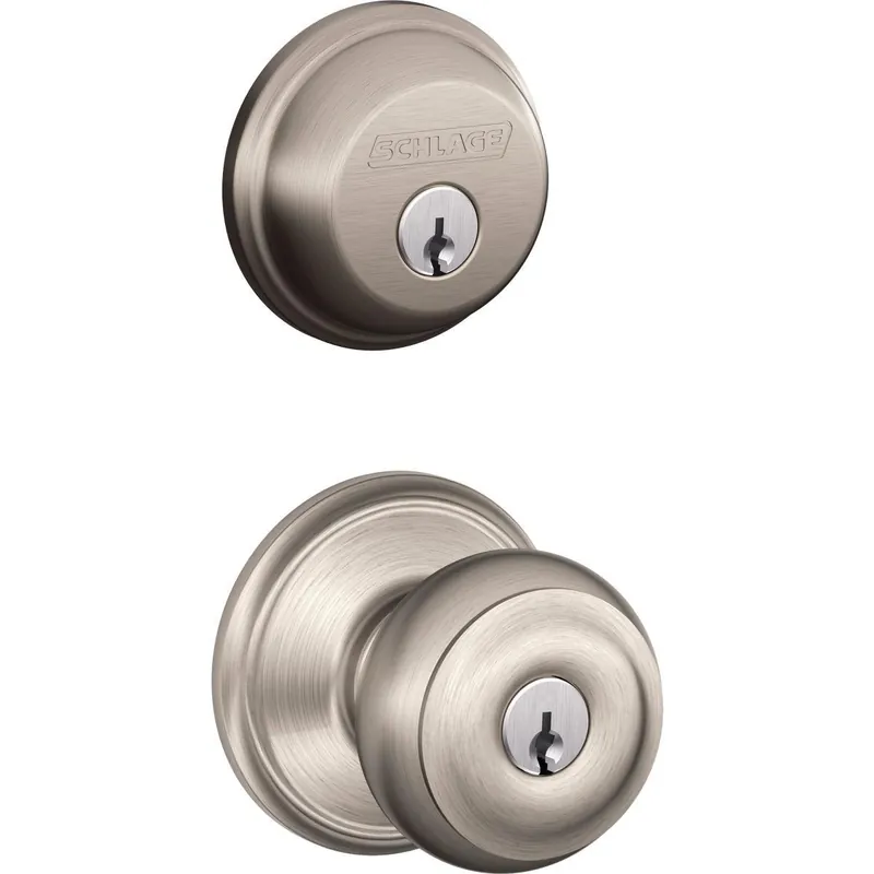 Schlage FB50NVGEO619 Satin Nickel Deadbolt and Door Knob Combo