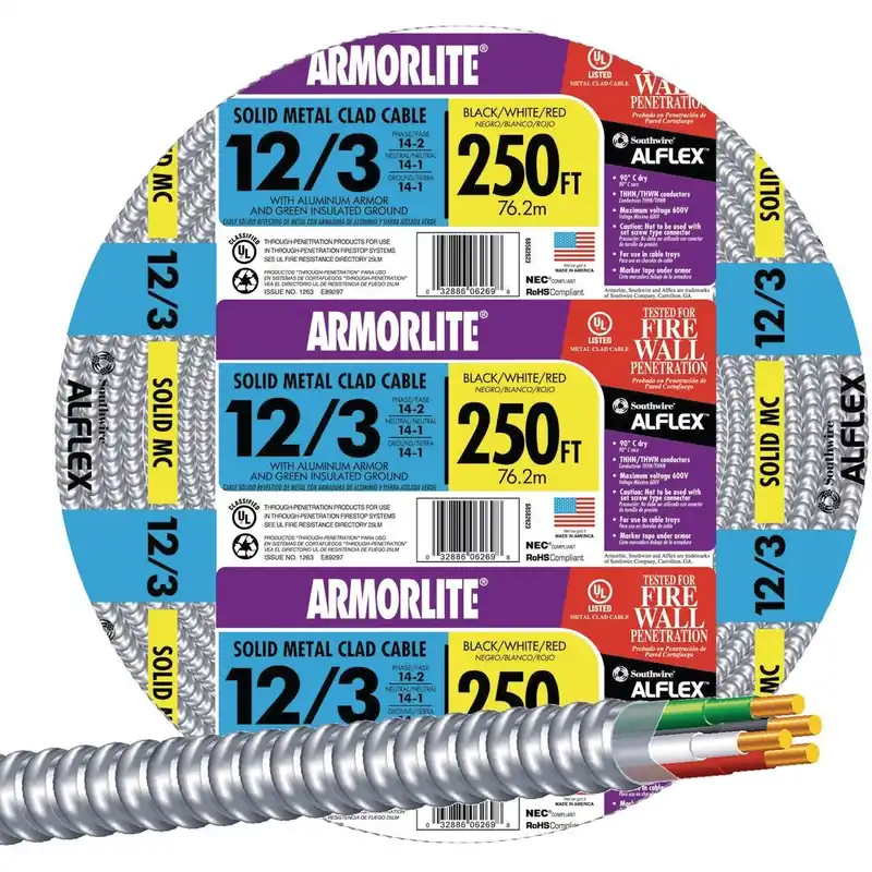 Southwire 68583455 250 Ft. 12/3 MC Armored Cable Electrical Wire