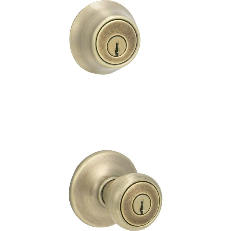 Kwikset 690T5CPCODEK6 Antique Brass Deadbolt and Door Knob Combo