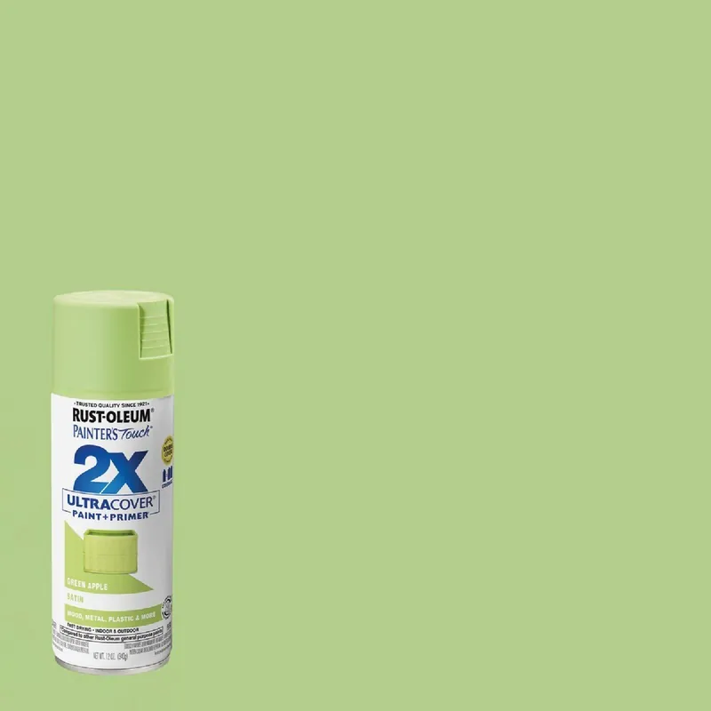 Rust-Oleum 334070 Painter's Touch 2X Ultra Cover 12 Oz. Satin Paint + Primer Spray Paint Green Apple