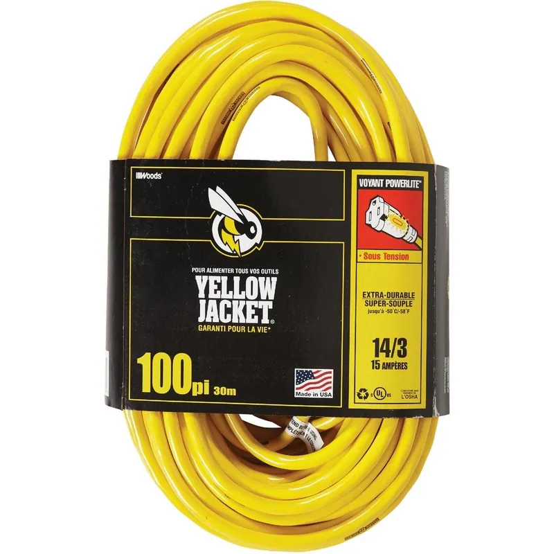 Yellow Jacket 2888AC Indoor/Outdoor Extension Cord 100 Ft 14/3 PowerLite
