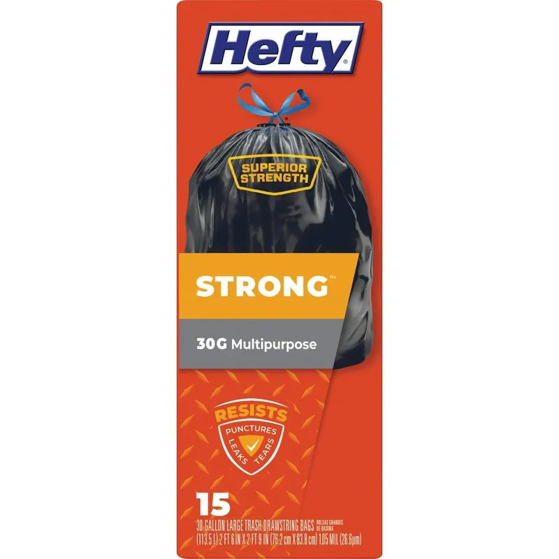 Hefty E89415 Hefty Strong 30 Gal Large Black Trash Bag 15-Count