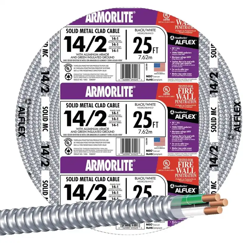 Southwire 68579221 25 Ft. 14/2 MC Armored Cable Electrical Wire
