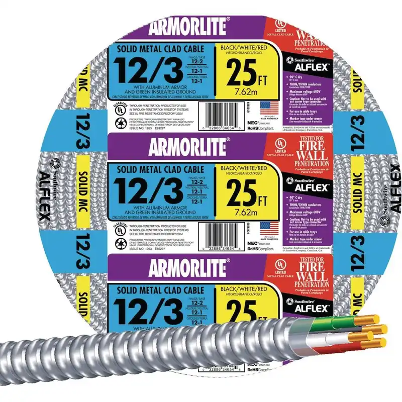 Southwire 68583421 25 Ft. 12/3 MC Armored Cable Electrical Wire