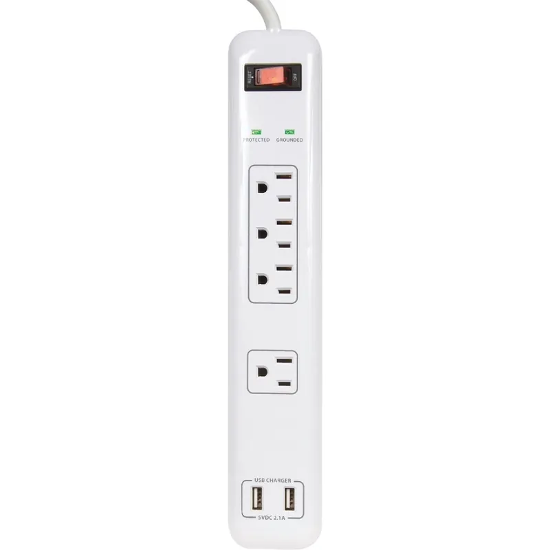 Prime Wire PB505104 4-Outlet 1200J White Surge Protector Strip with USB Charger and 4 Ft. Cord