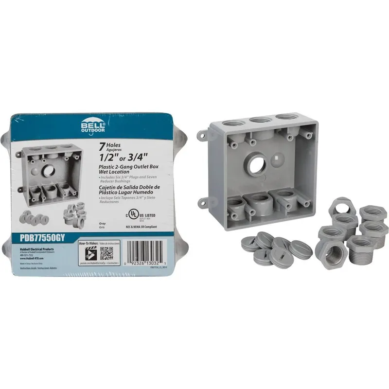 Bell PDB77550GY 2-Gang 1/2 In.,3/4 In. 7-Outlet Gray PVC Weatherproof Outdoor Outlet Box