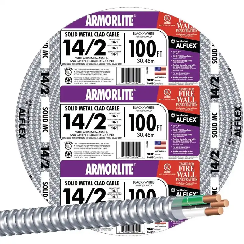 Southwire 68579223 100 Ft. 14/2 MC Armored Cable Electrical Wire